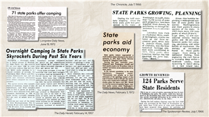 Five newspaper clippings about how much demand there is for state parks and how many parks offer camping. 